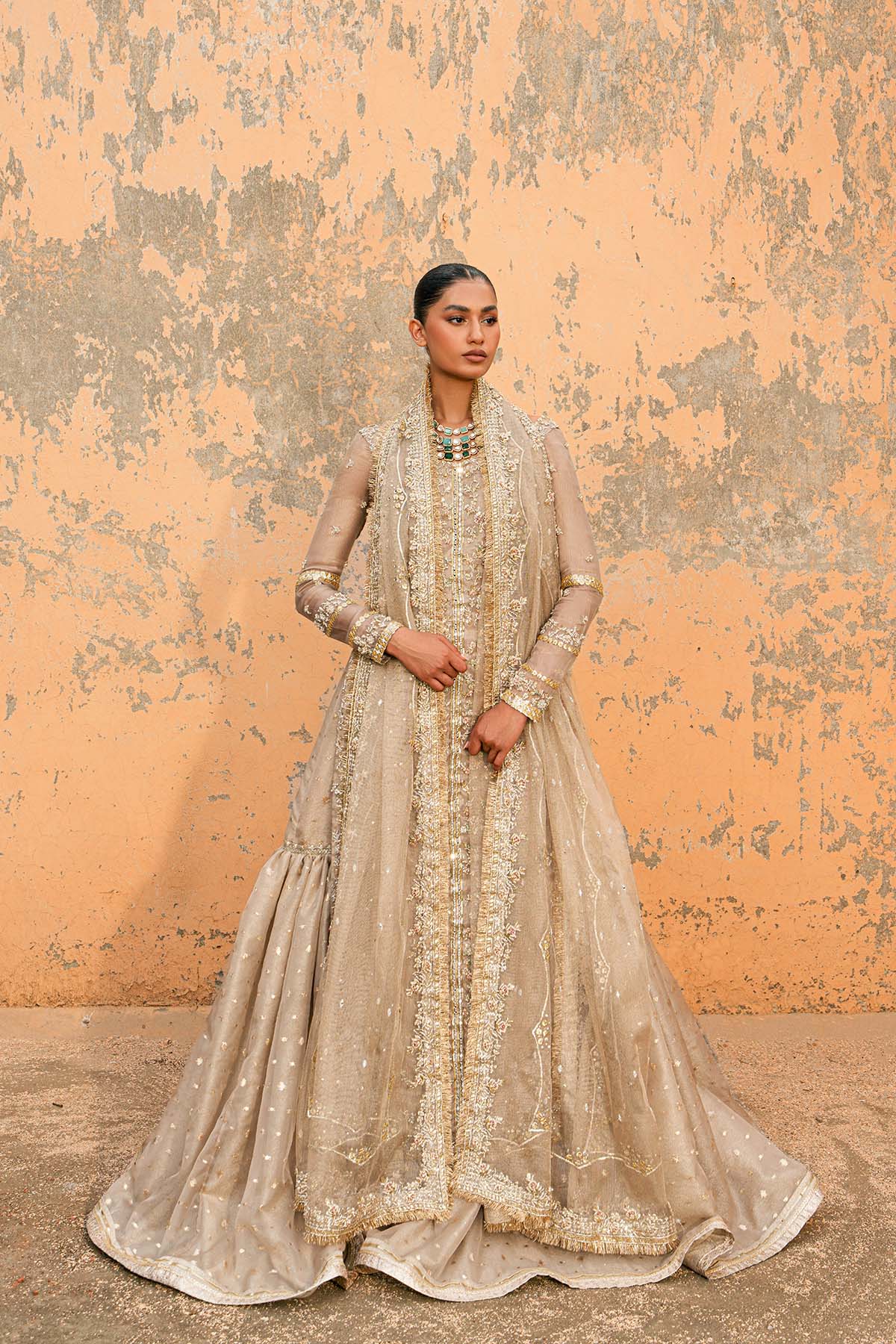 Metallic Taupe Embroidered Masuri Gharara (3-Piece) - Image 2