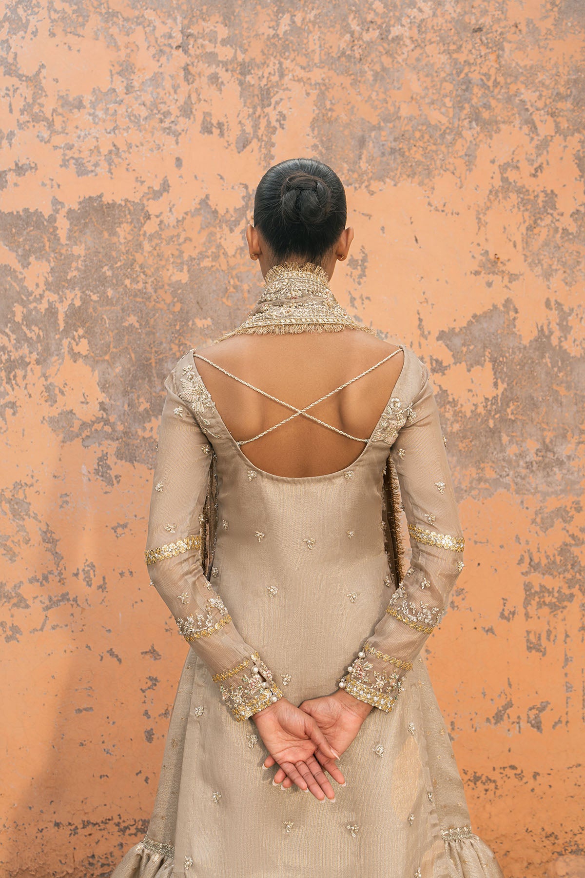 Metallic Taupe Embroidered Masuri Gharara (3-Piece) - Image 3