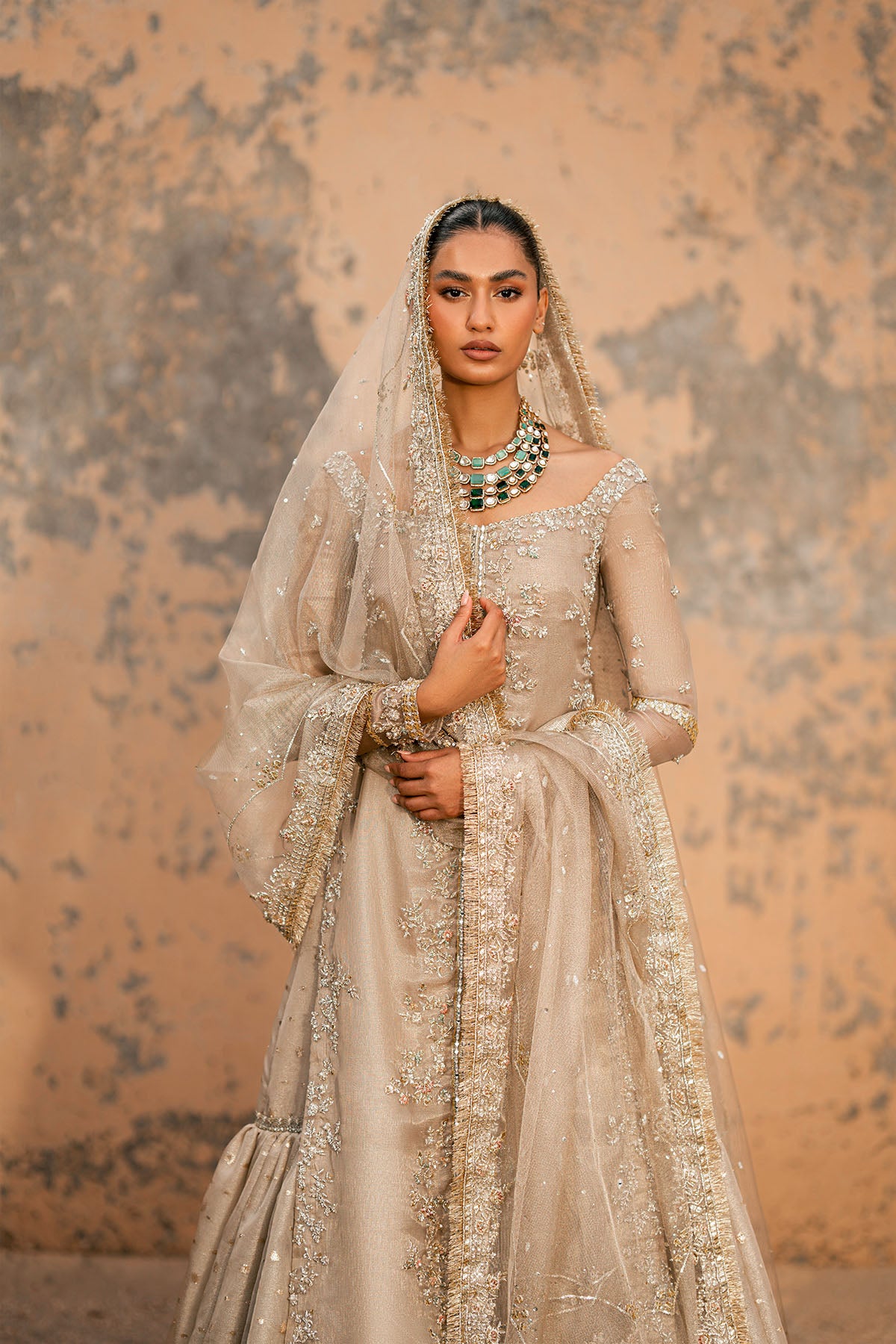 Pakistani Metallic Taupe Embroidered Masuri Gharara (3-Piece) - Image 4