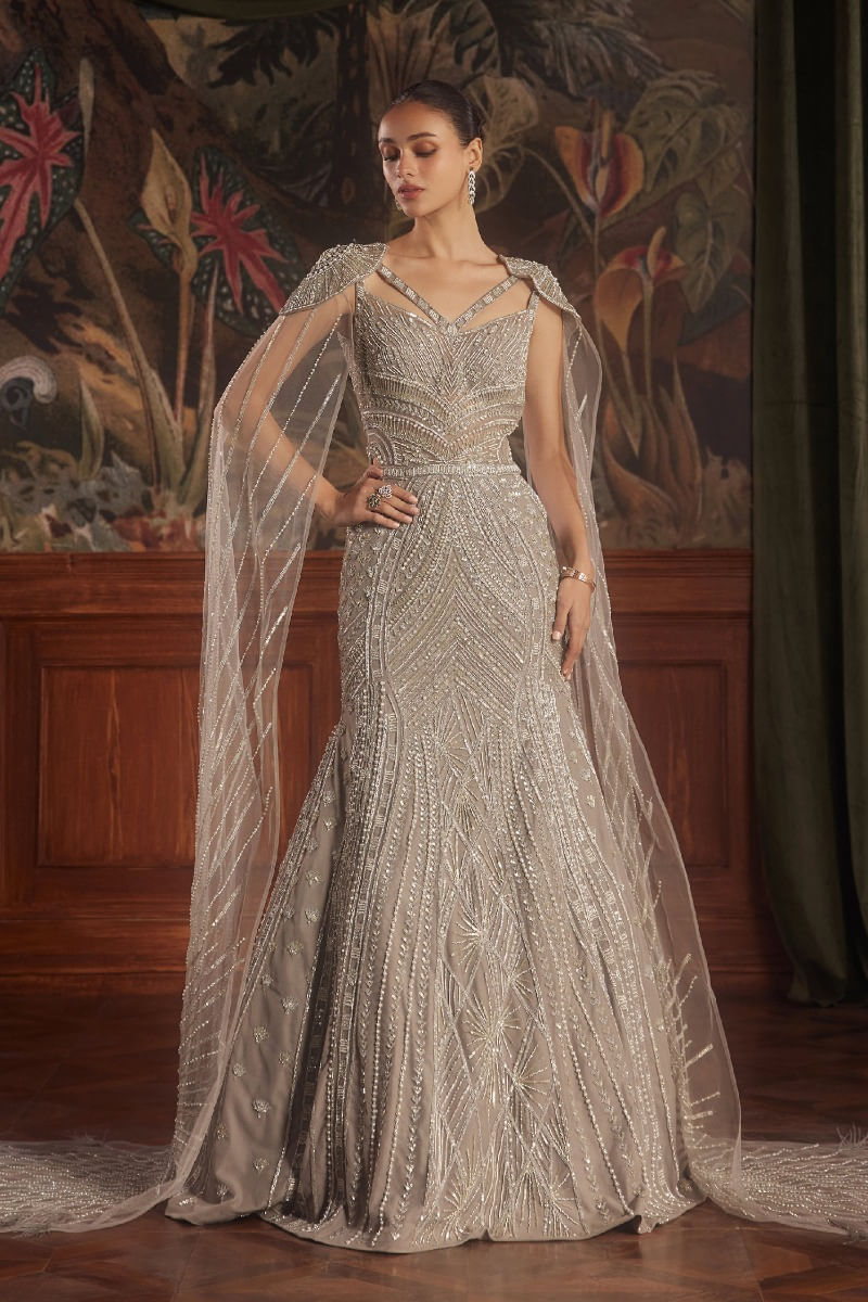 Indian Taupe Grey Embroidered Net Mermaid Gown (1-Pc) - Image 1