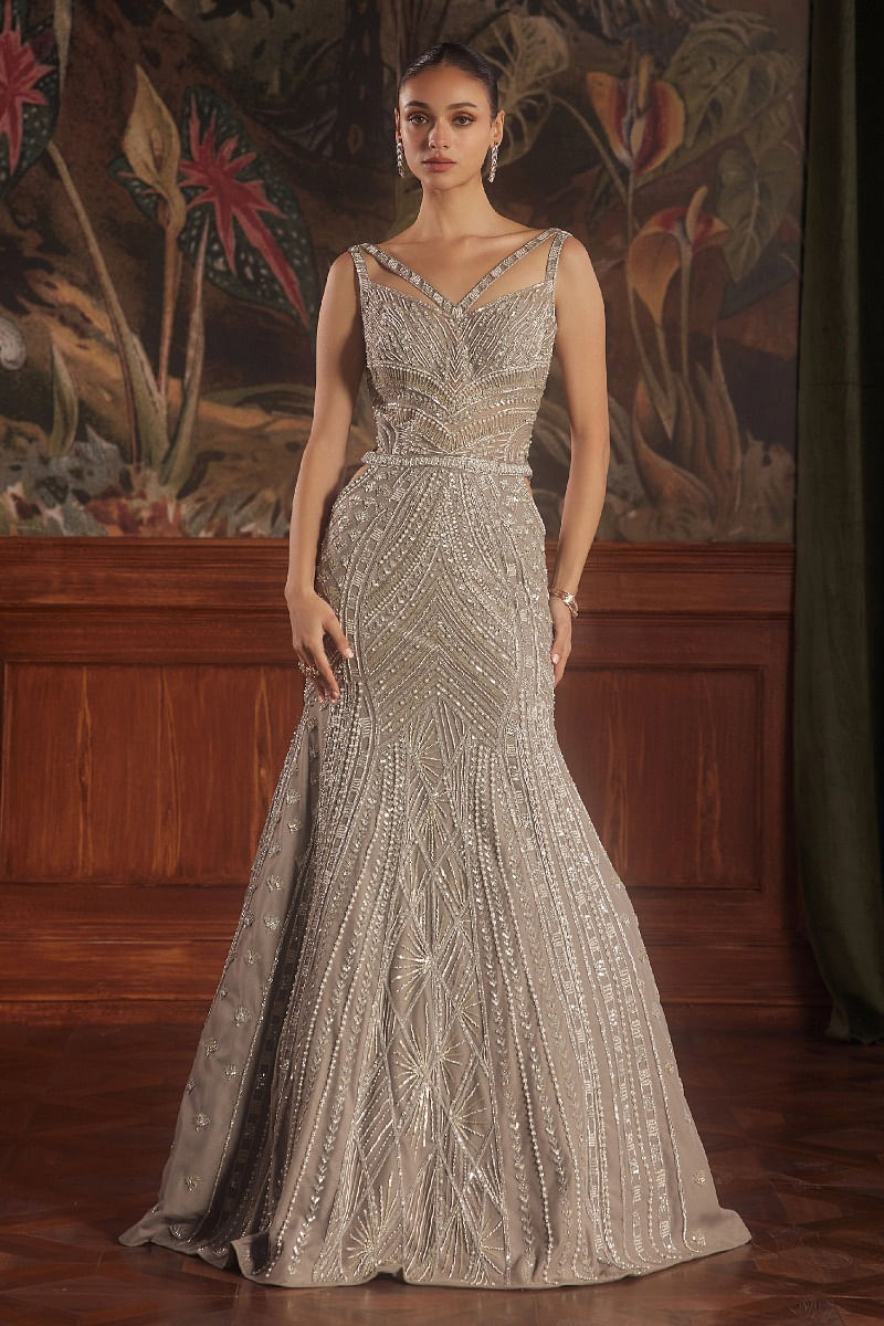 Indian Taupe Grey Embroidered Net Mermaid Gown (1-Pc) - Image 2