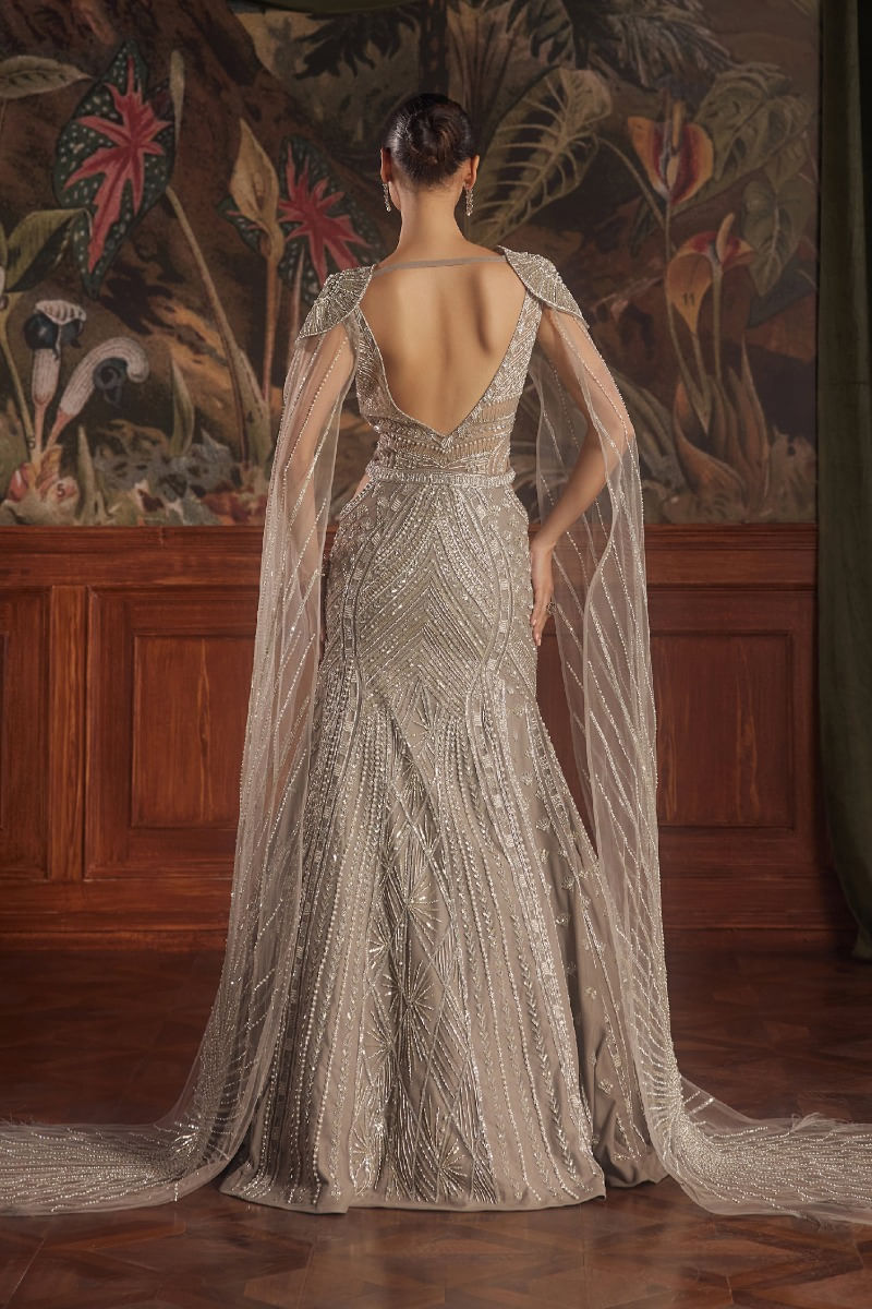 Indian Taupe Grey Embroidered Net Mermaid Gown (1-Pc) - Image 3