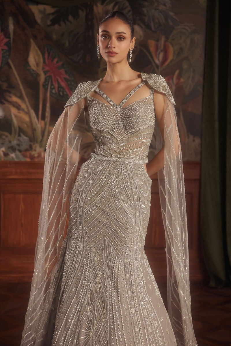 Indian Taupe Grey Embroidered Net Mermaid Gown (1-Pc) - Image 4