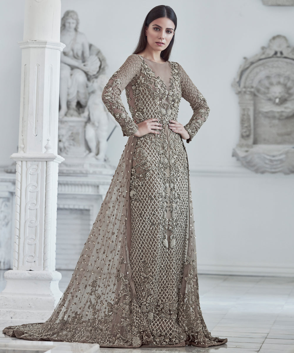 Pakistani Earthy Taupe Embellished Net Long Trail Gown (1-Pc) - Image 1
