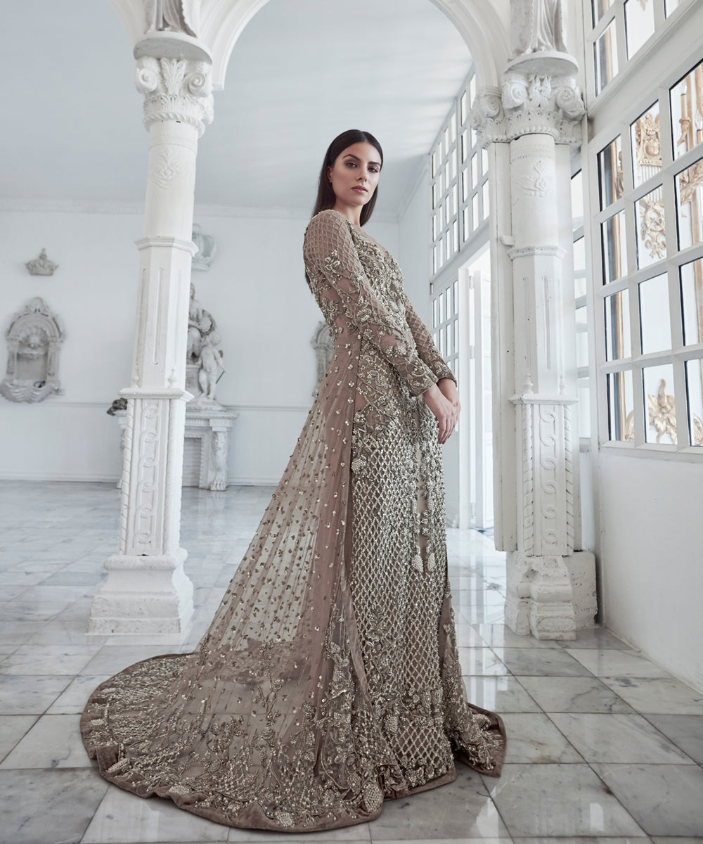 Pakistani Earthy Taupe Embellished Net Long Trail Gown (1-Pc) - Image 2
