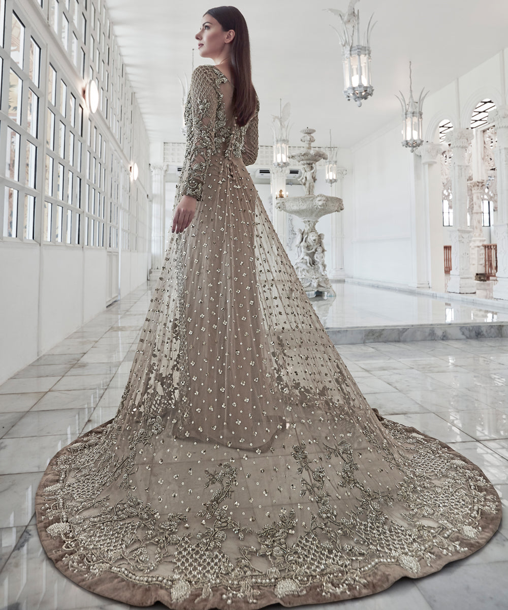 Pakistani Earthy Taupe Embellished Net Long Trail Gown (1-Pc) - Image 3