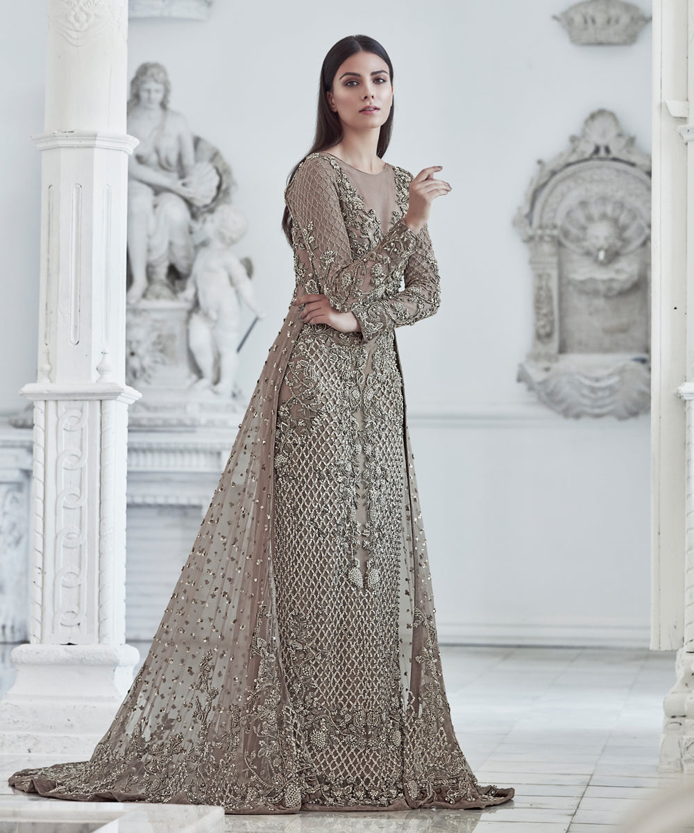 Pakistani Earthy Taupe Embellished Net Long Trail Gown (1-Pc) - Image 4