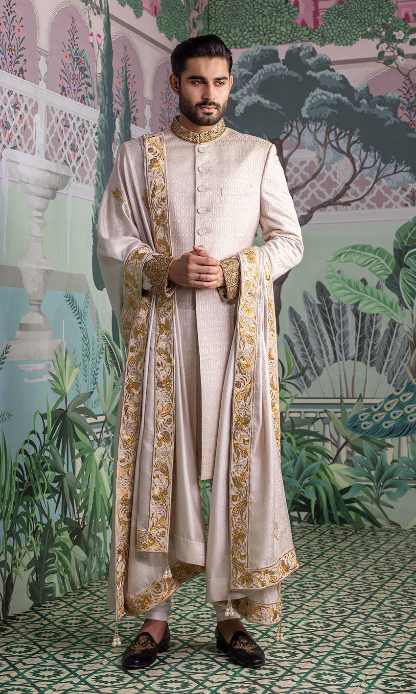 Soft Taupe Embroidered Silk-Blend Sherwani (3-Piece) - Image 1
