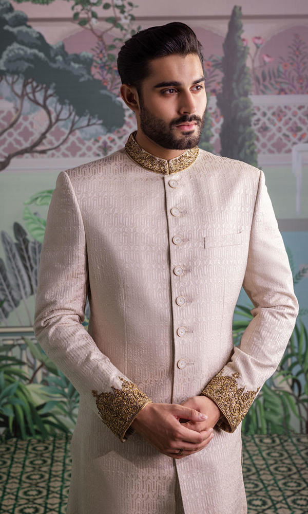 Soft Taupe Embroidered Silk-Blend Sherwani (3-Piece) - Image 3