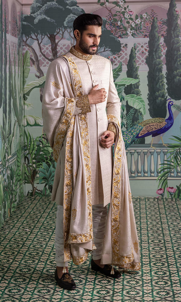 Soft Taupe Embroidered Silk-Blend Sherwani (3-Piece) - Image 4