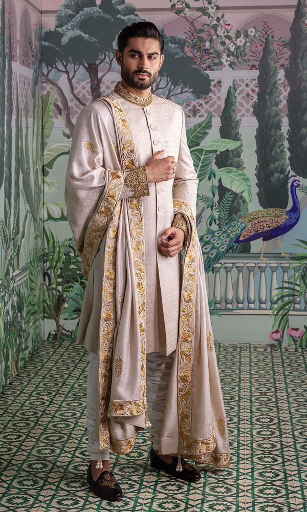 Soft Taupe Embroidered Silk-Blend Sherwani (3-Piece) - Image 5