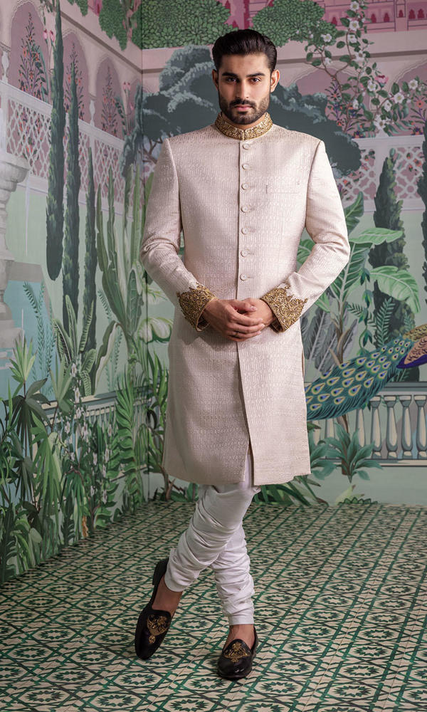 Soft Taupe Embroidered Silk-Blend Sherwani (3-Piece) - Image 6