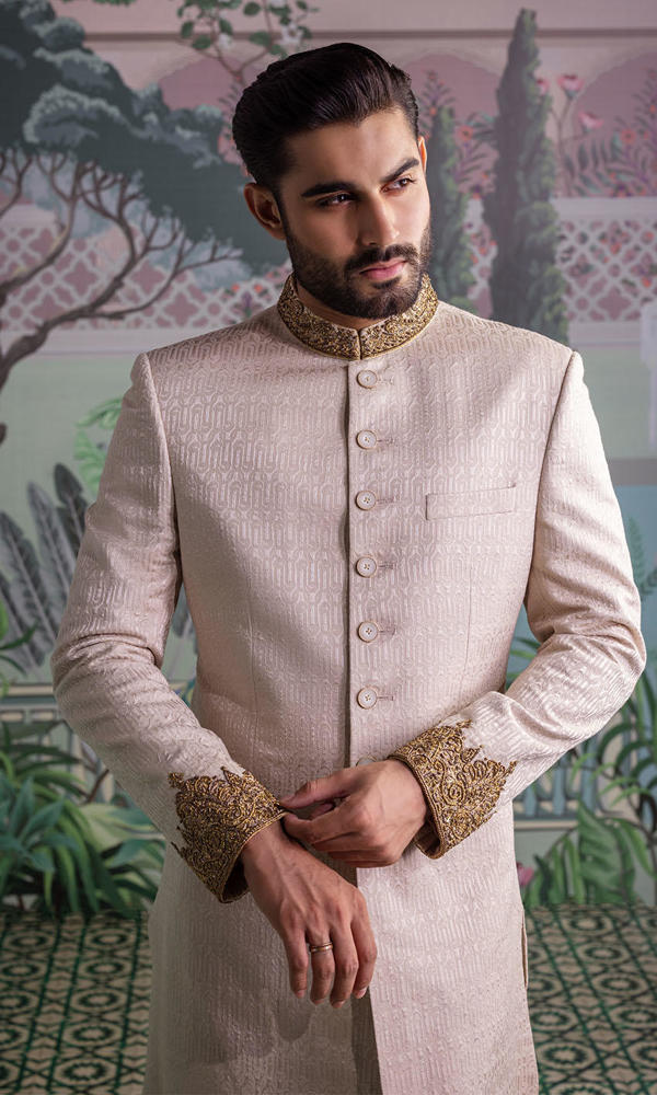 Soft Taupe Embroidered Silk-Blend Sherwani (3-Piece) - Image 7