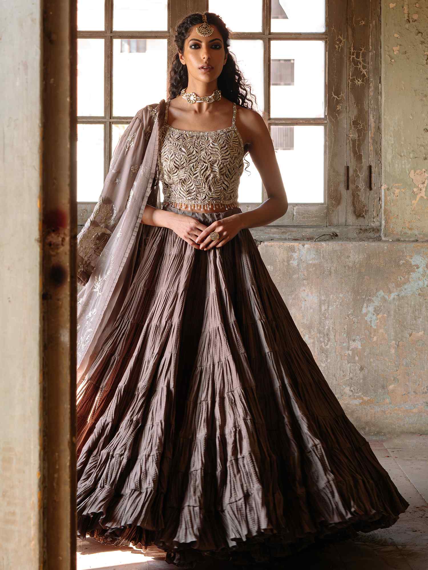 Dark Taupe Embroidered Organza & Silk Lehenga (3-Piece) - Image 1