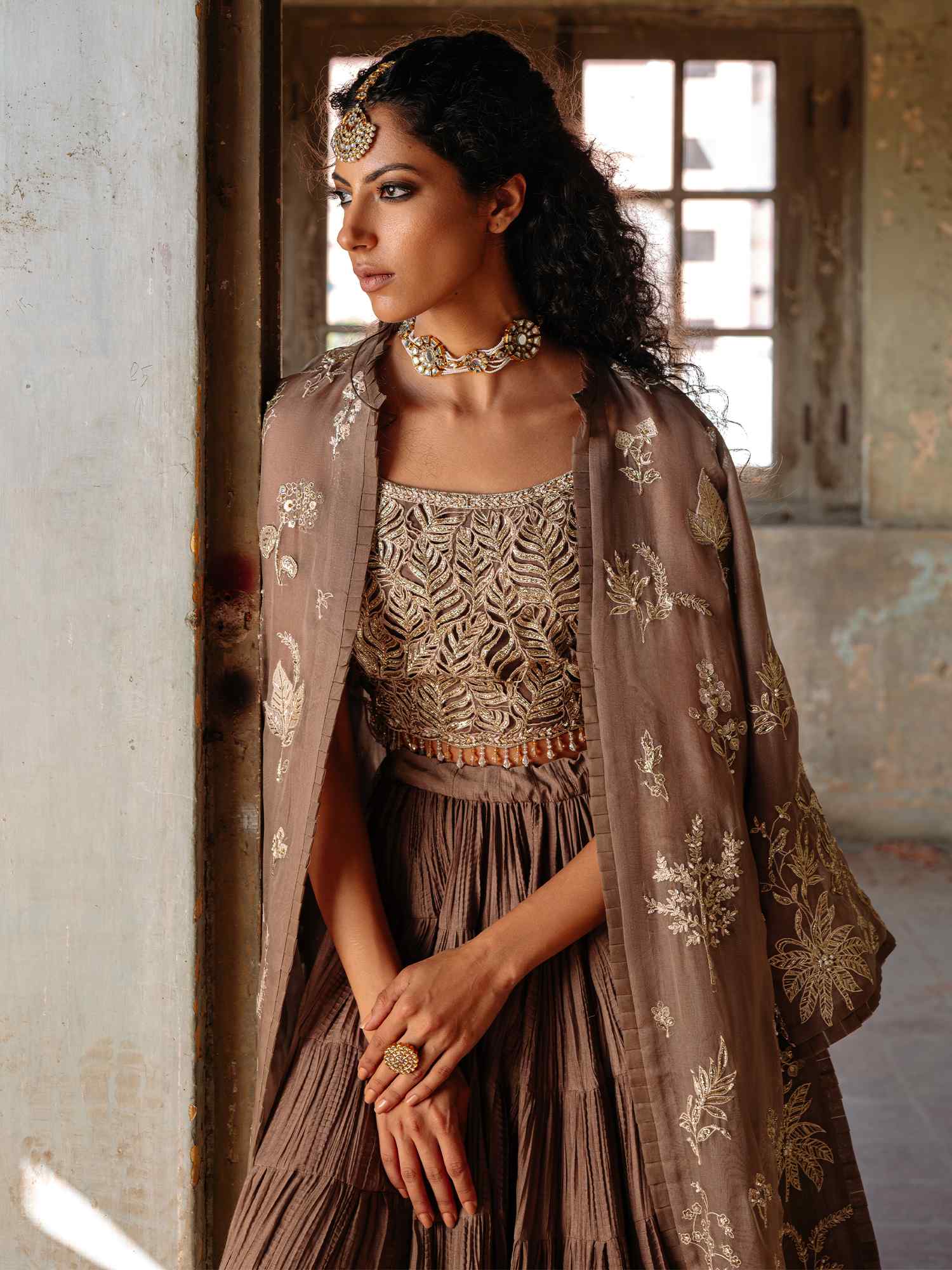 Dark Taupe Embroidered Organza & Silk Lehenga (3-Piece) - Image 2
