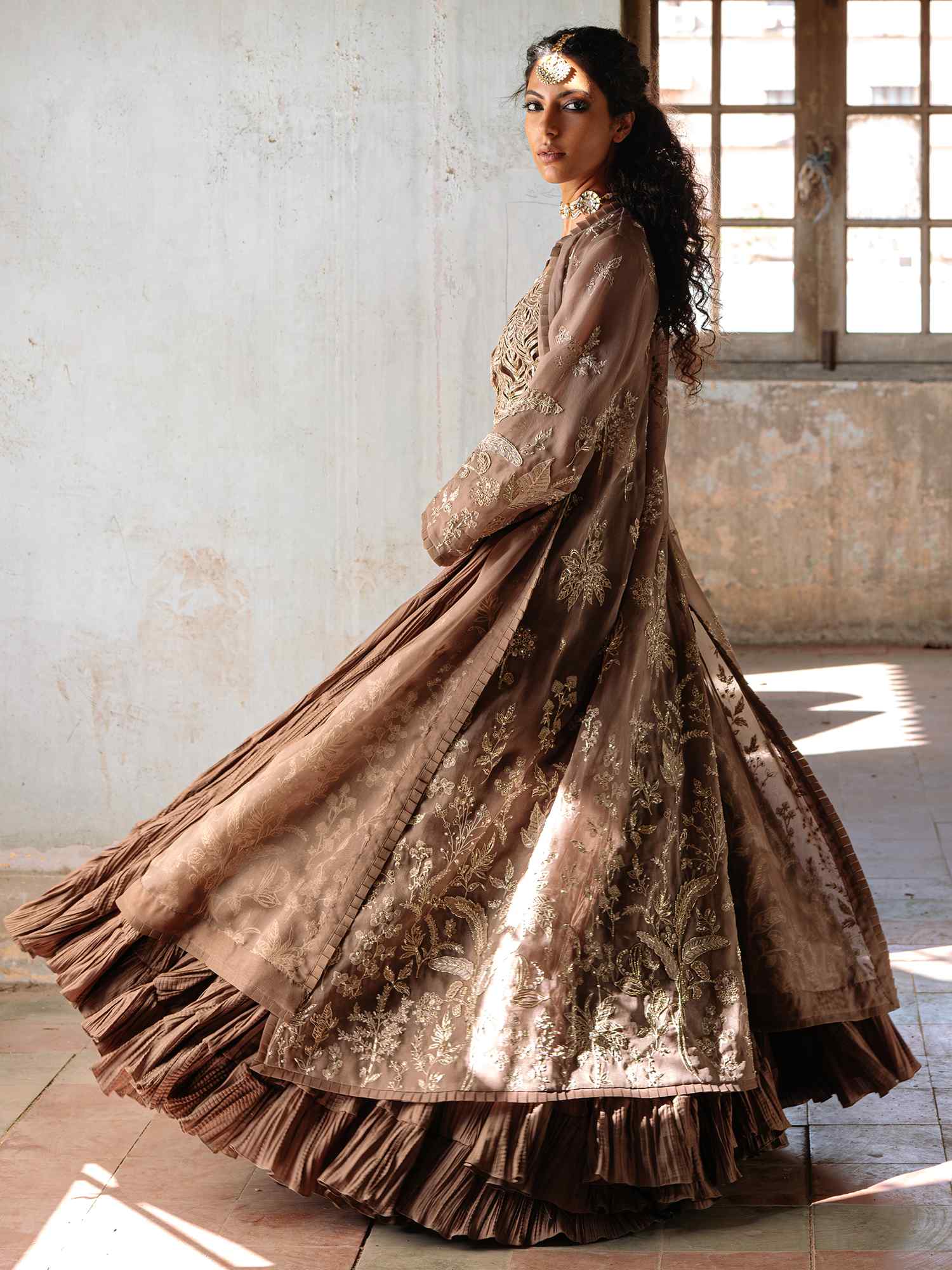 Dark Taupe Embroidered Organza & Silk Lehenga (3-Piece) - Image 4