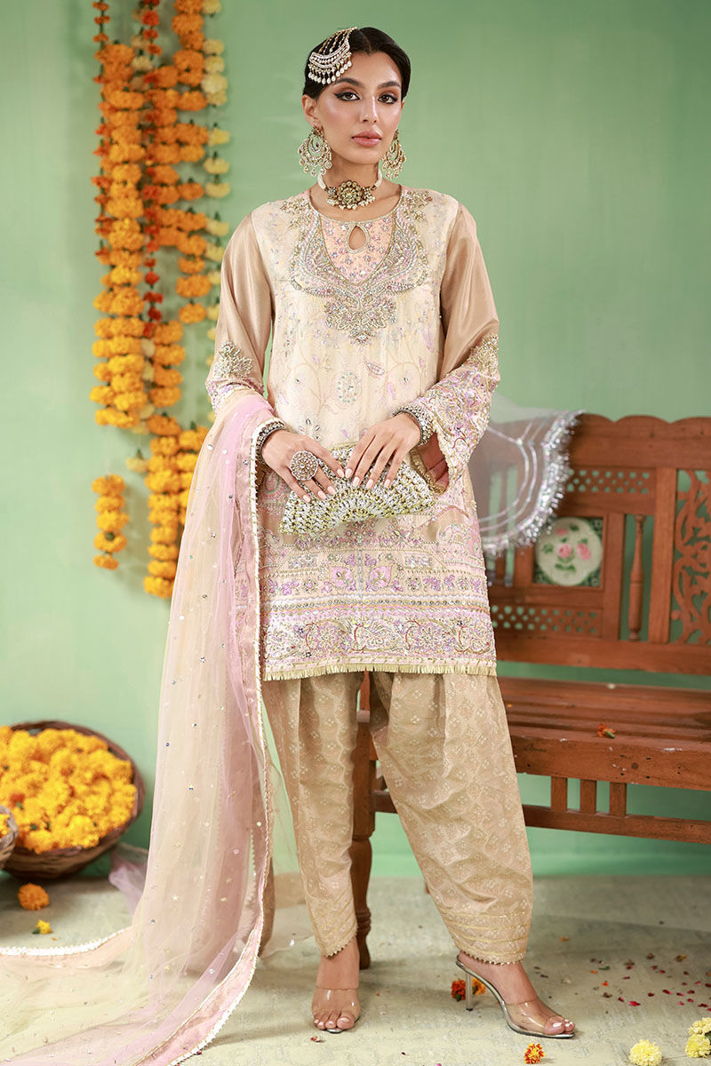 Pastel Taupe Embellished Raw Silk Salwar Kameez (3-Piece) - Image 1
