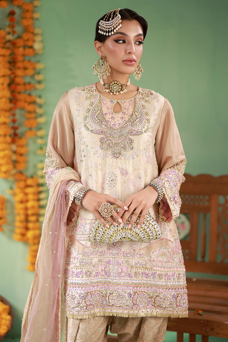 Pastel Taupe Embellished Raw Silk Salwar Kameez (3-Piece) - Image 2
