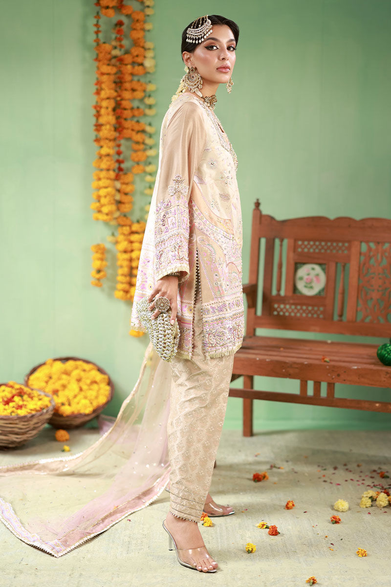 Pastel Taupe Embellished Raw Silk Salwar Kameez (3-Piece) - Image 6