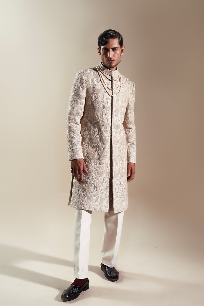 Taupe Kashmiri Embroidered Handloom Sherwani (2-Piece) - Image 1