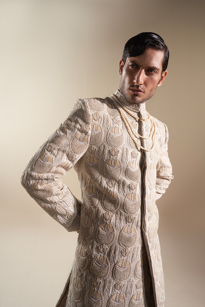 Taupe Kashmiri Embroidered Handloom Sherwani (2-Piece) - Image 2