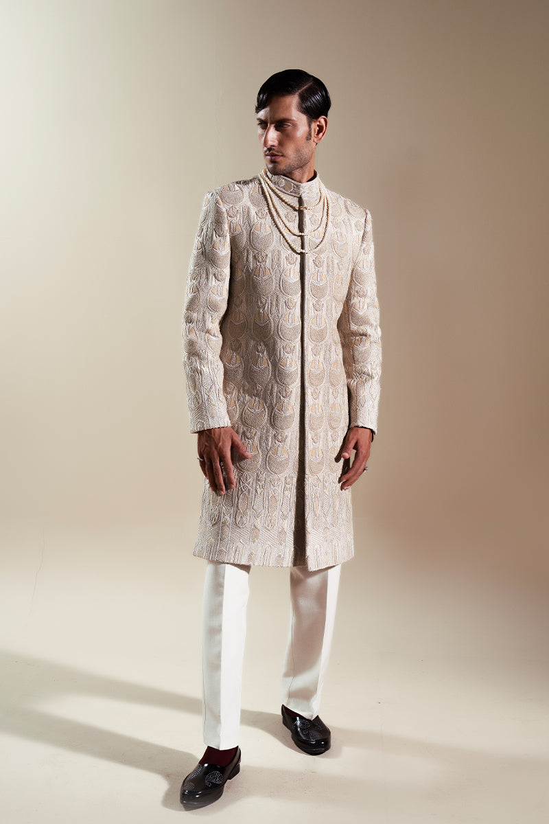 Taupe Kashmiri Embroidered Handloom Sherwani (2-Piece) - Image 4