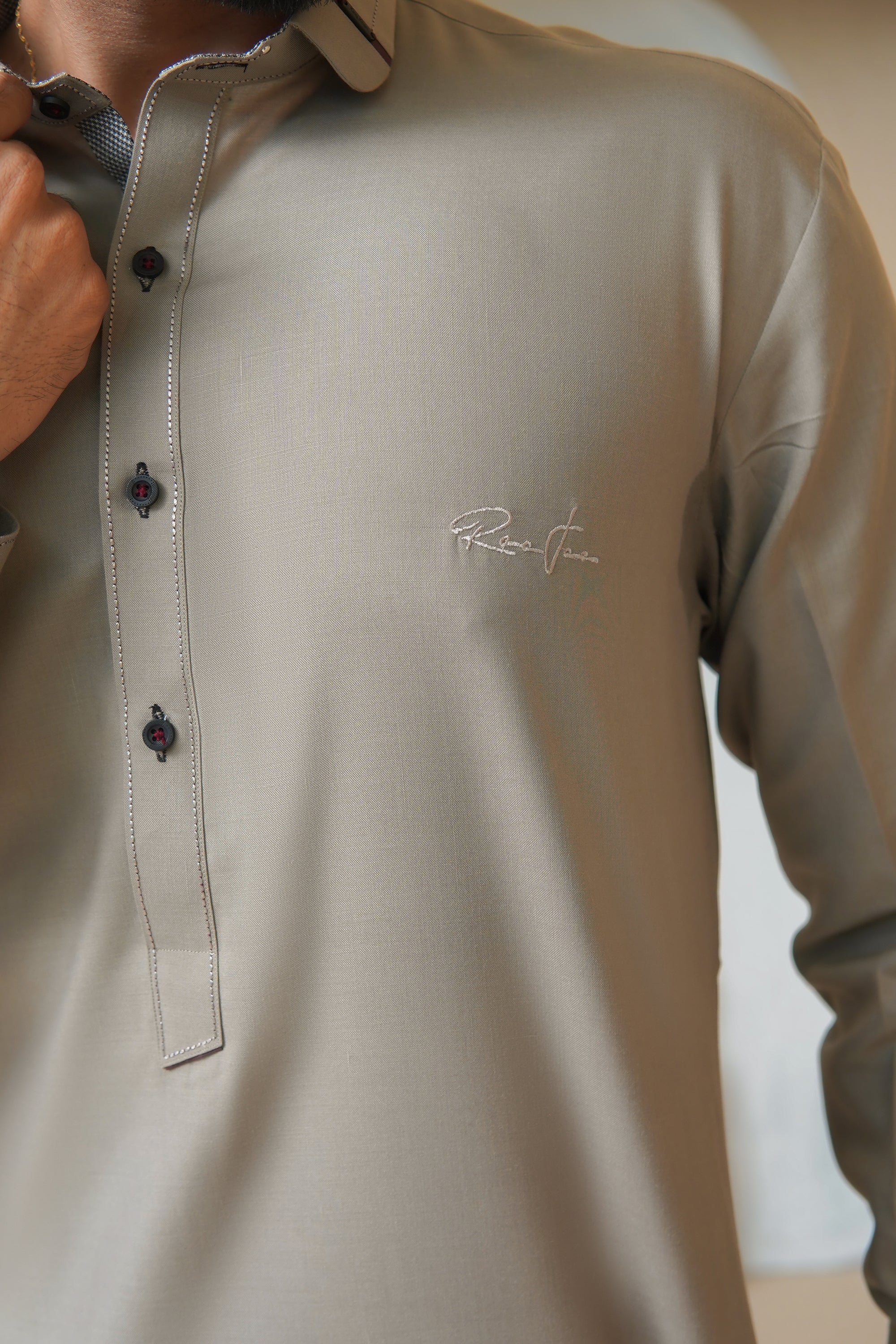 Warm Taupe Embroidered Wash & Wear Shalwar Kameez (2-Piece) - Image 3