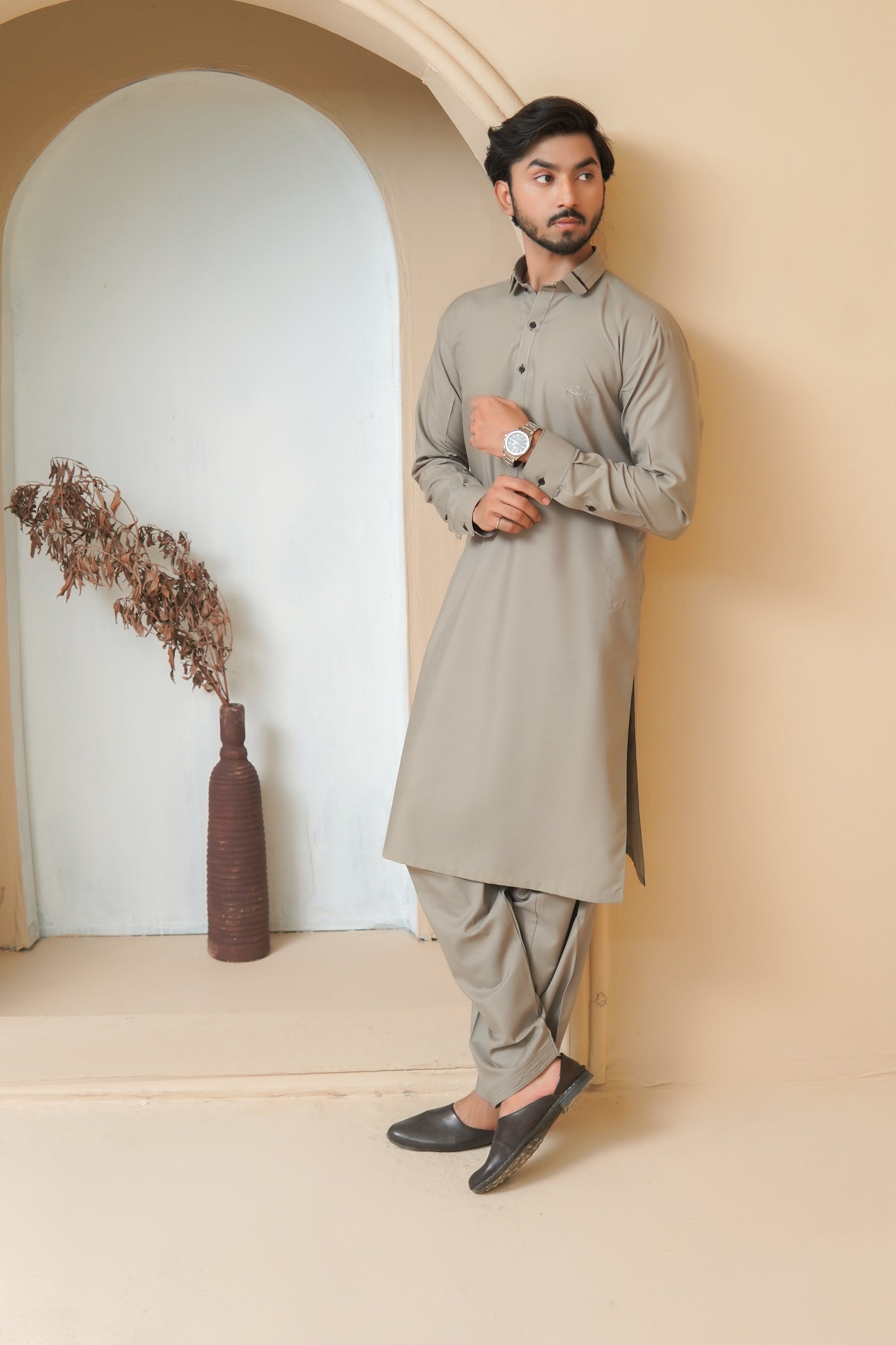 Warm Taupe Embroidered Wash & Wear Shalwar Kameez (2-Piece) - Image 4