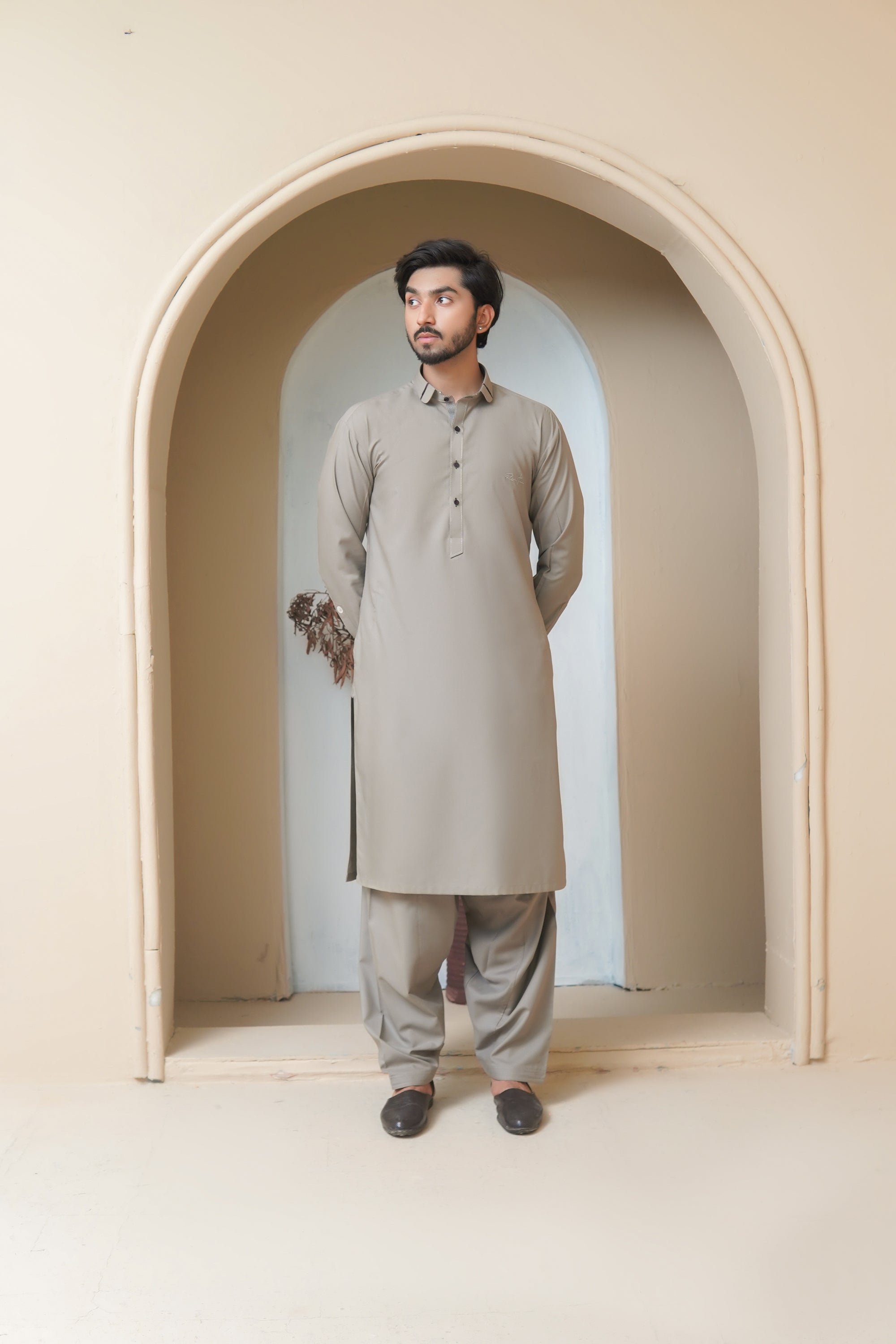 Warm Taupe Embroidered Wash & Wear Shalwar Kameez (2-Piece) - Image 5