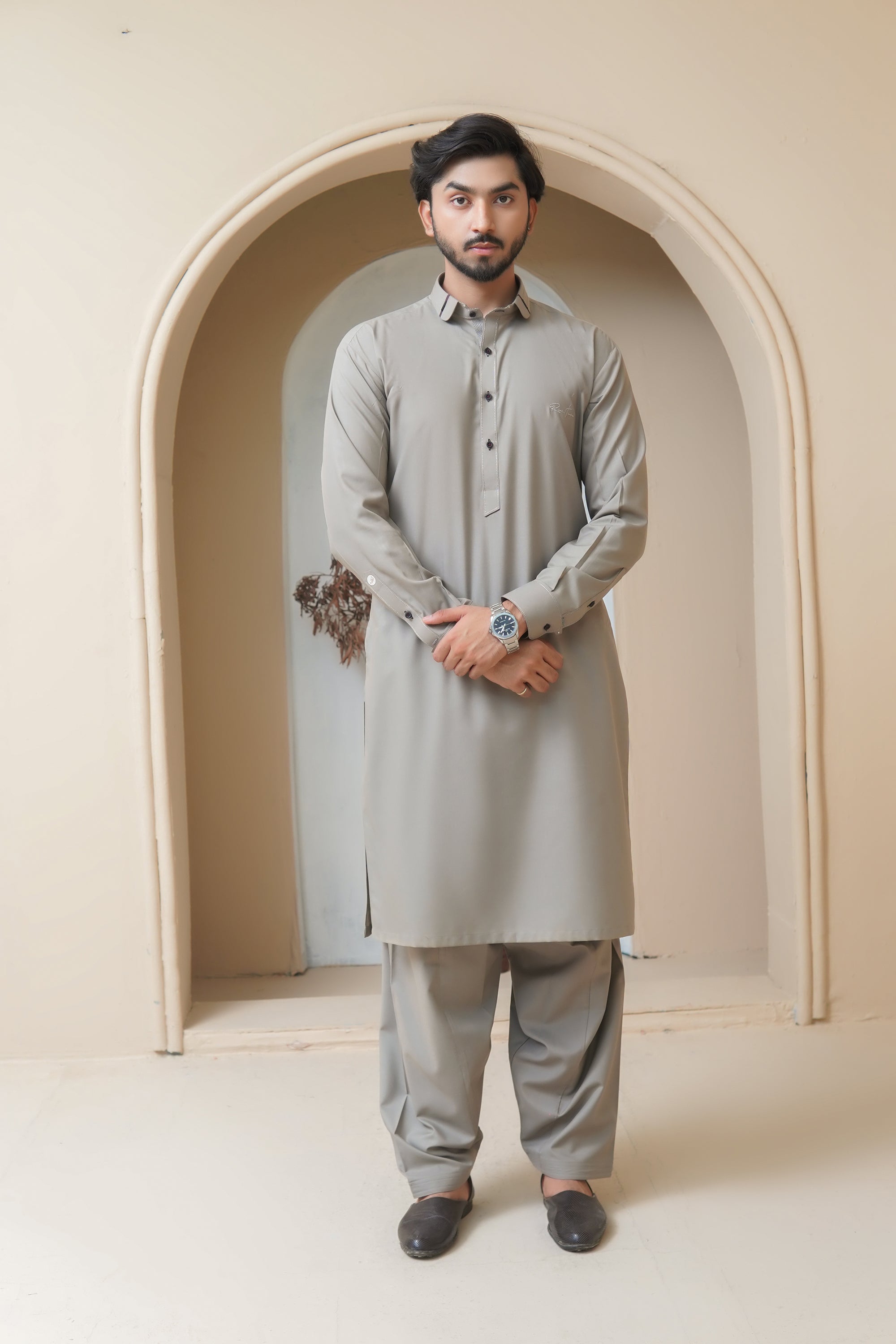 Warm Taupe Embroidered Wash & Wear Shalwar Kameez (2-Piece) - Image 6