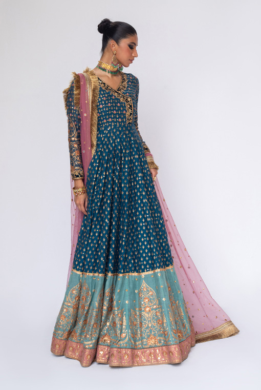 Pakistani Teal Blue Embroidered Silk-Blend Anarkali Dress (2-Piece) - Image 1