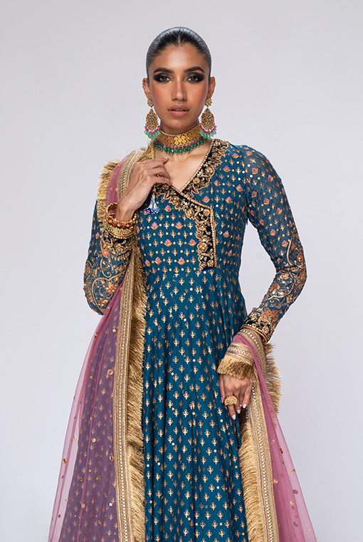 Pakistani Teal Blue Embroidered Silk-Blend Anarkali Dress (2-Piece) - Image 2