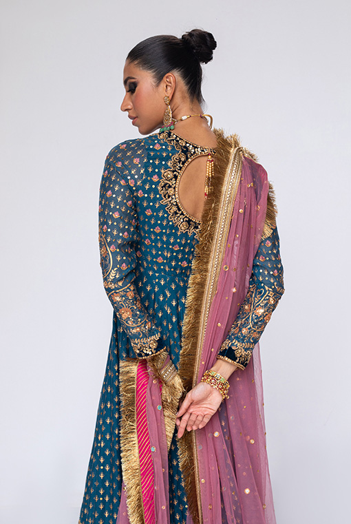 Pakistani Teal Blue Embroidered Silk-Blend Anarkali Dress (2-Piece) - Image 4