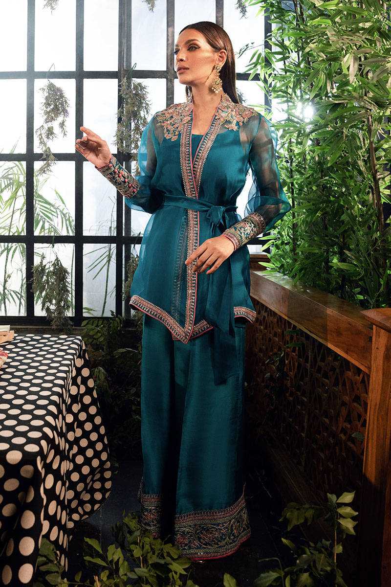 Pakistani Teal-Blue Embroidered Silk-Blend Angrakha Wrap Set (2-Piece) - Image 1