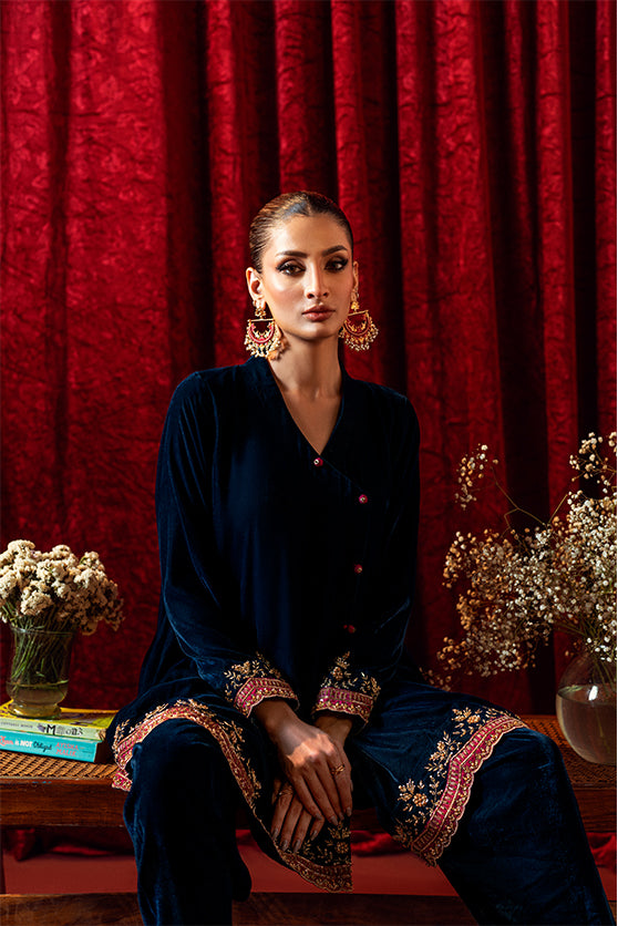 Teal Hand Embroidered Velvet Angrakha (2-Piece) - Image 1