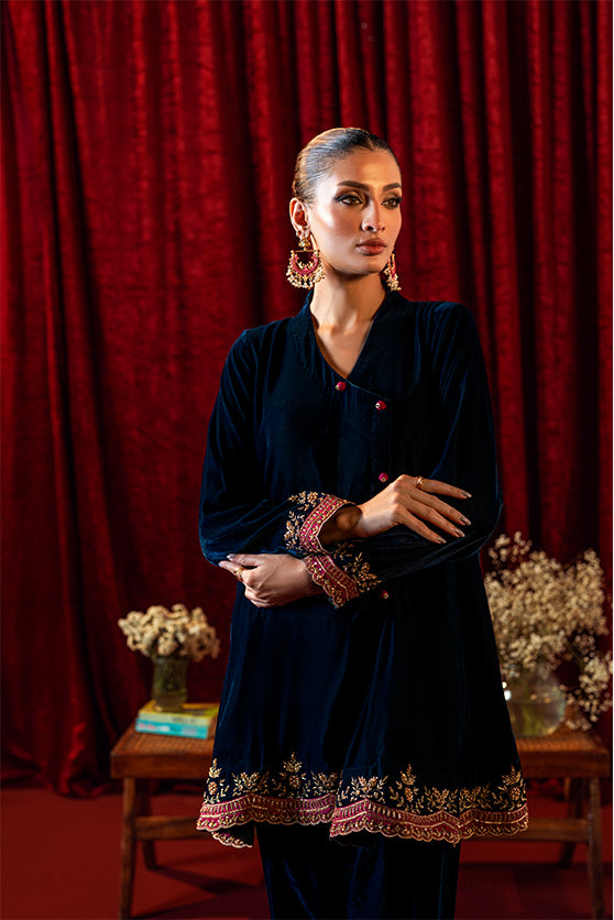 Teal Hand Embroidered Velvet Angrakha (2-Piece) - Image 2