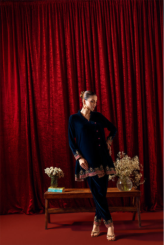 Teal Hand Embroidered Velvet Angrakha (2-Piece) - Image 3