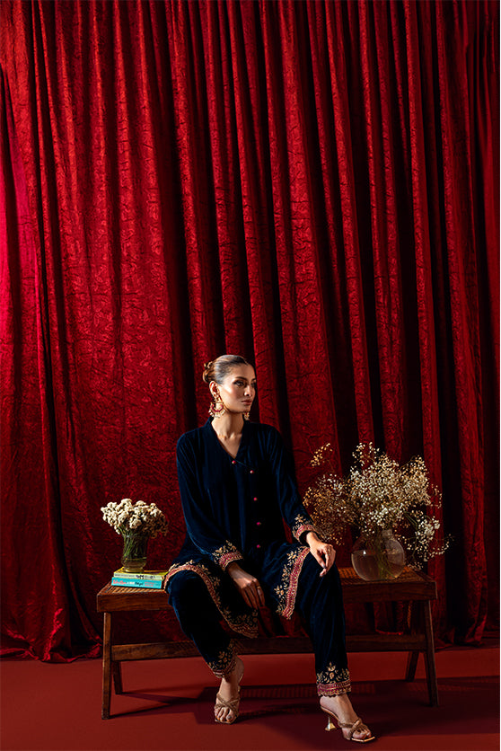 Teal Hand Embroidered Velvet Angrakha (2-Piece) - Image 4