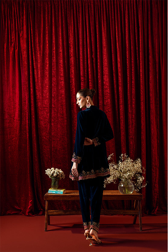 Teal Hand Embroidered Velvet Angrakha (2-Piece) - Image 5