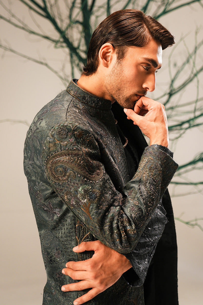 Teal Hand-Embroidered Jacquard Sherwani (3-Piece) - Image 1