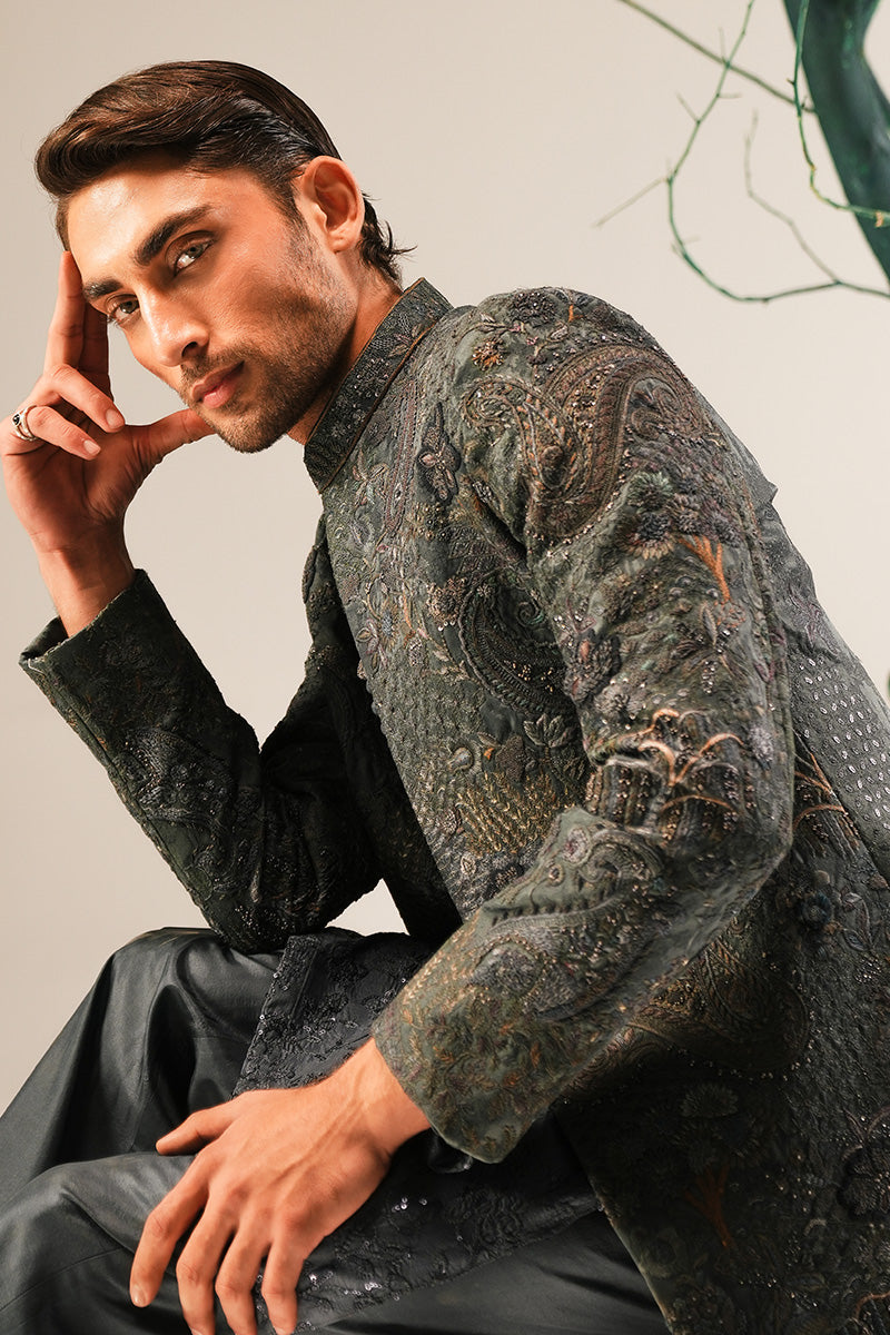 Teal Hand-Embroidered Jacquard Sherwani (3-Piece) - Image 10