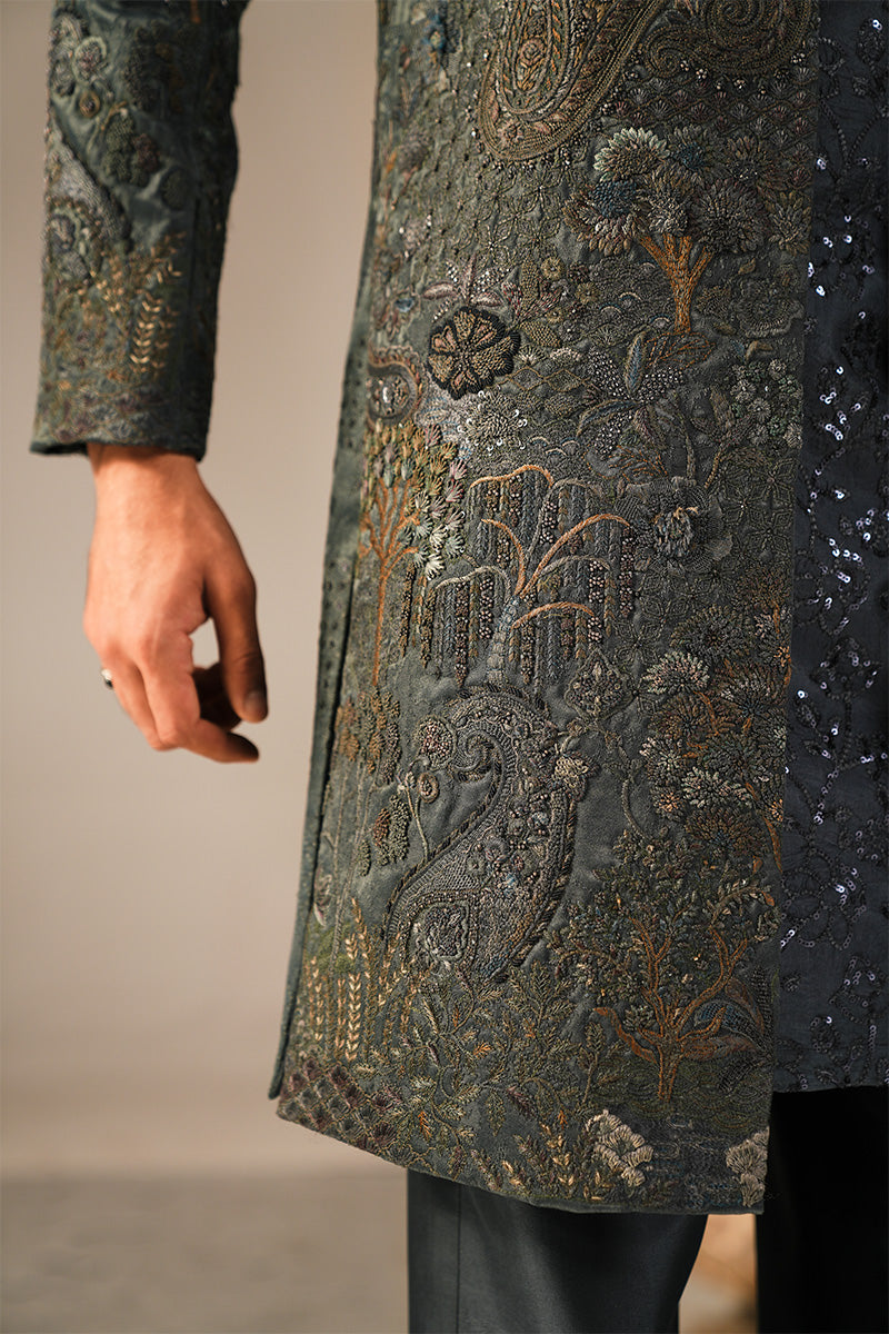 Teal Hand-Embroidered Jacquard Sherwani (3-Piece) - Image 14