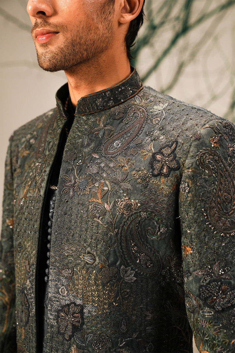 Teal Hand-Embroidered Jacquard Sherwani (3-Piece) - Image 3