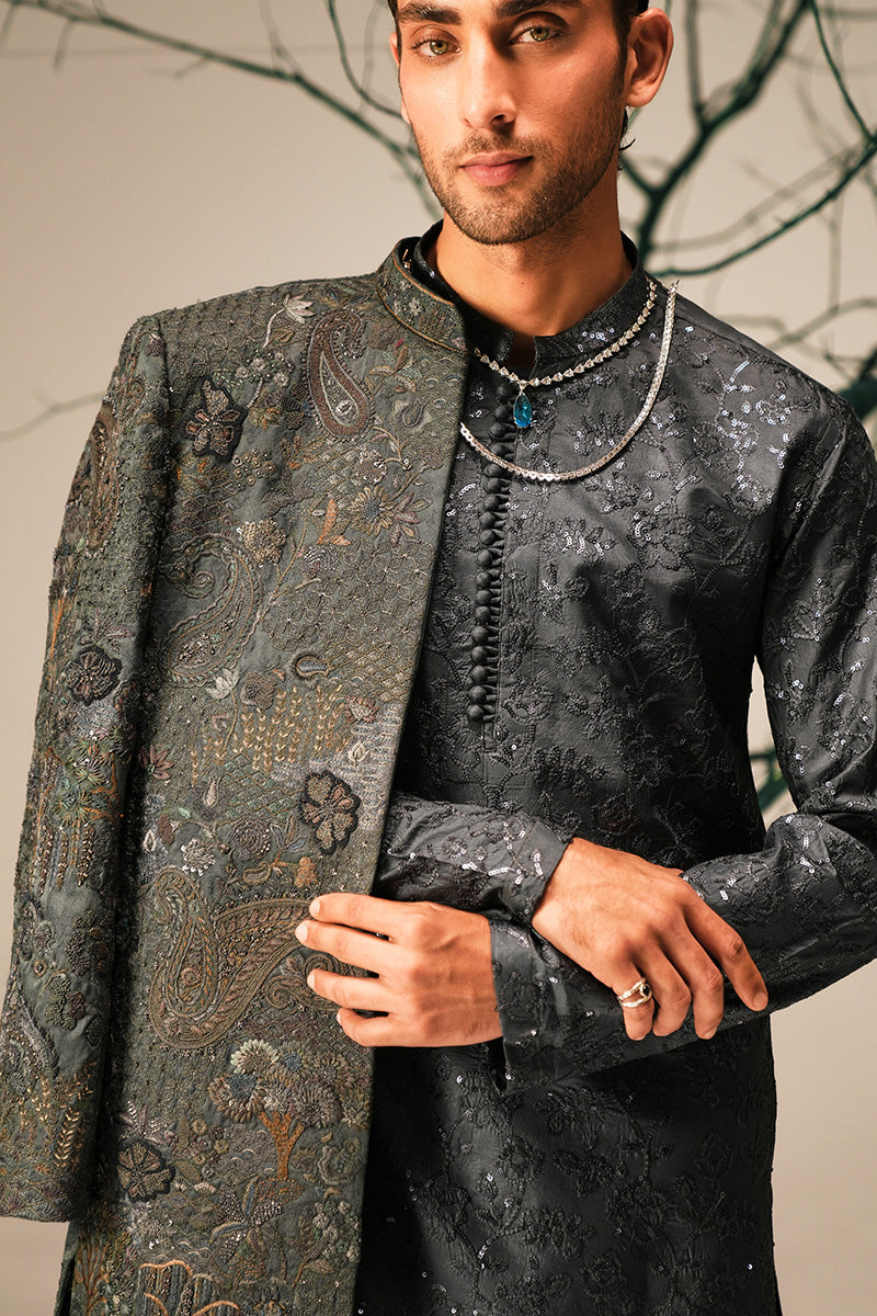 Teal Hand-Embroidered Jacquard Sherwani (3-Piece) - Image 5