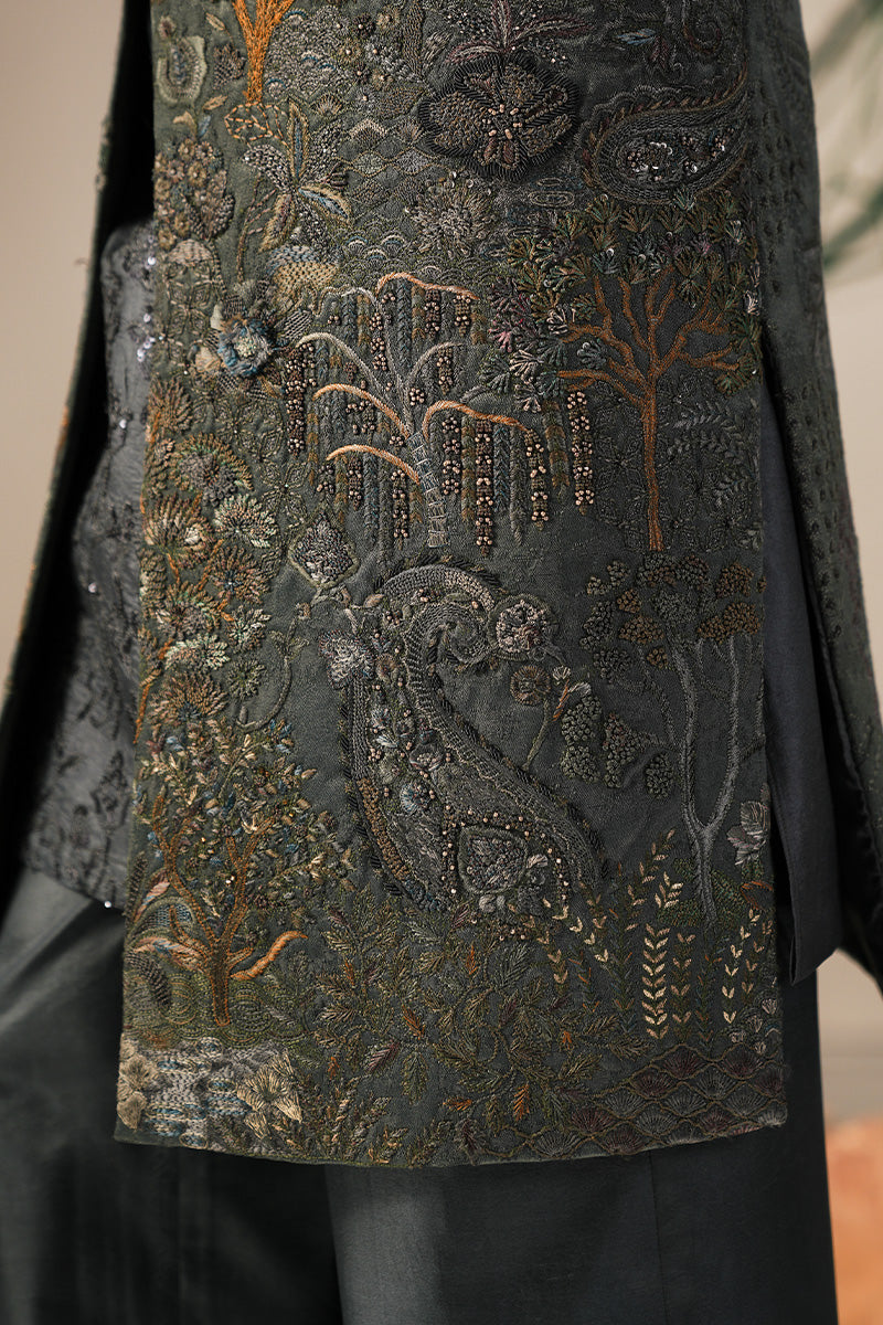 Teal Hand-Embroidered Jacquard Sherwani (3-Piece) - Image 6