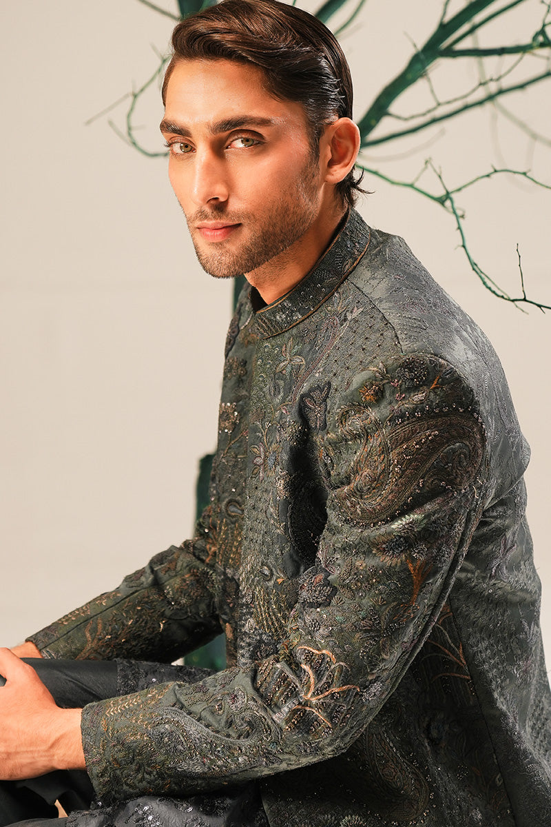 Teal Hand-Embroidered Jacquard Sherwani (3-Piece) - Image 8