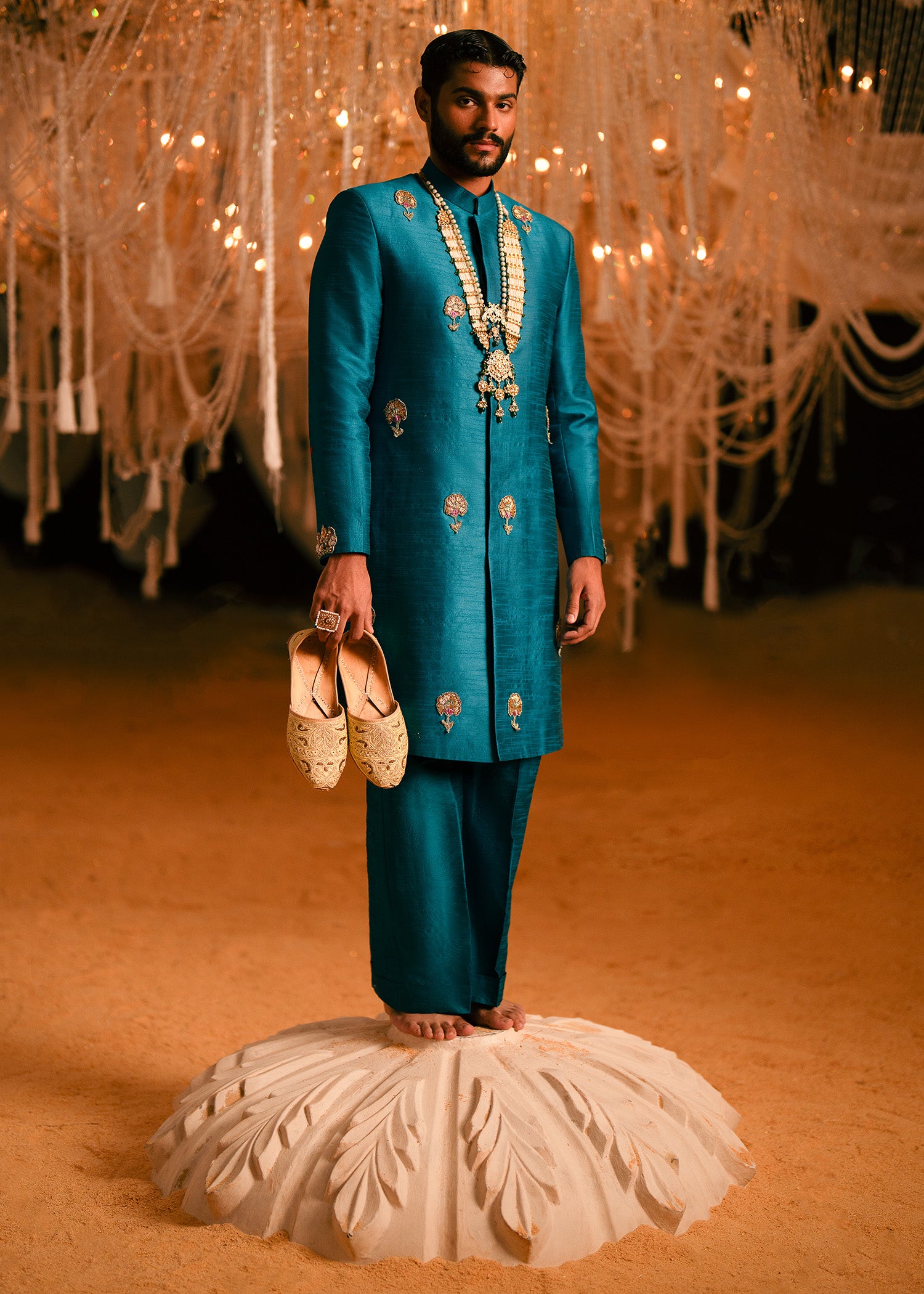 Teal Gold Hand-Embroidered Korean Silk Sherwani (2-Piece) - Image 1