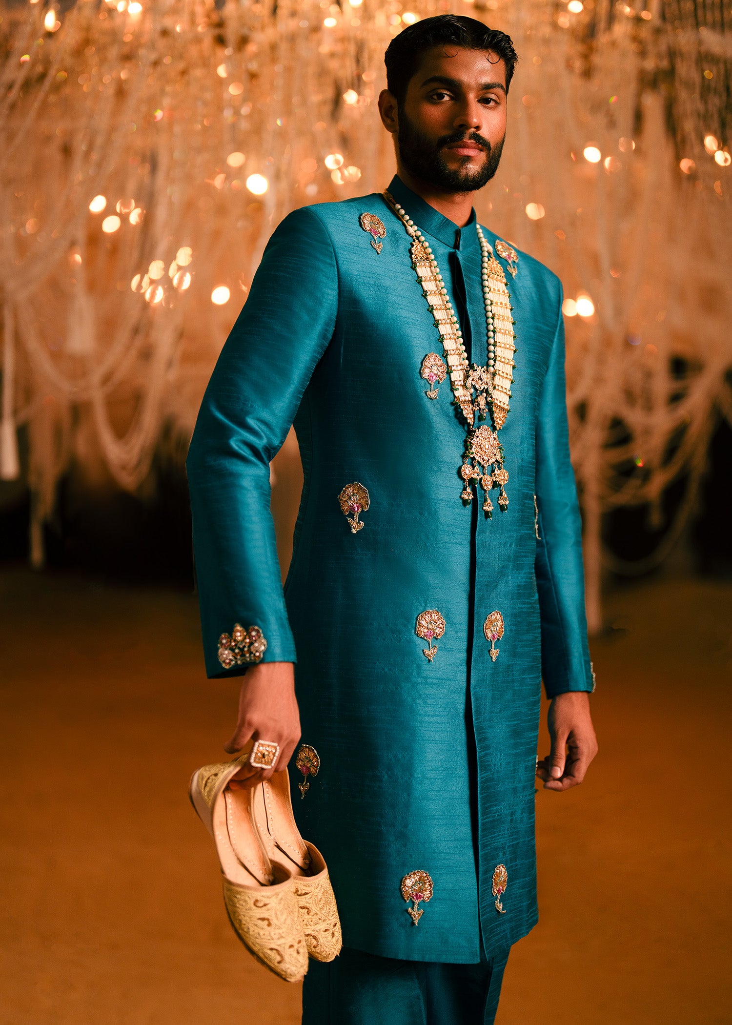 Teal Gold Hand-Embroidered Korean Silk Sherwani (2-Piece) - Image 2