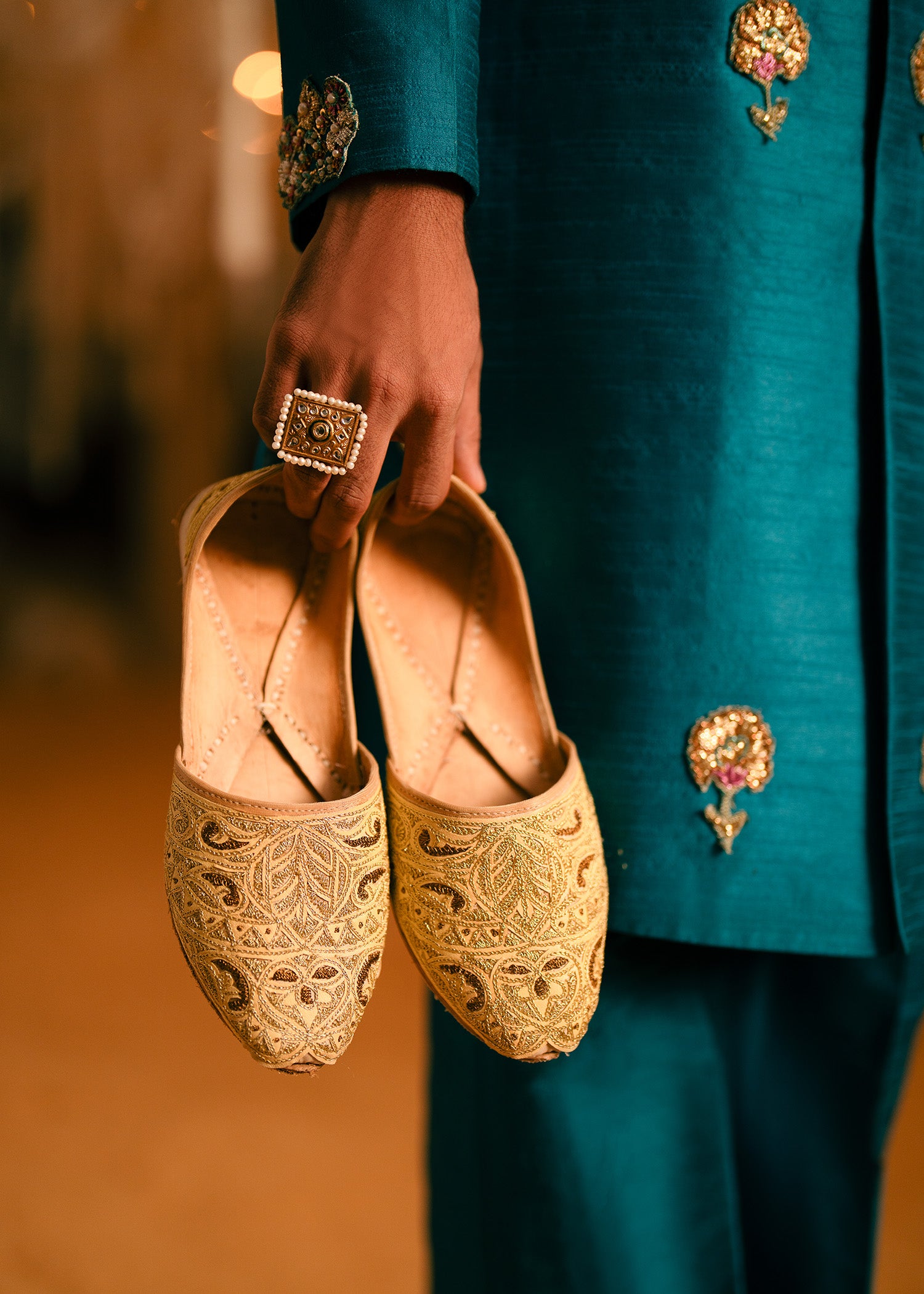 Teal Gold Hand-Embroidered Korean Silk Sherwani (2-Piece) - Image 3