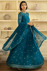 Pakistani Teal Embroidered Chiffon Organza Anarkali Dress (2-Piece) - Image 1